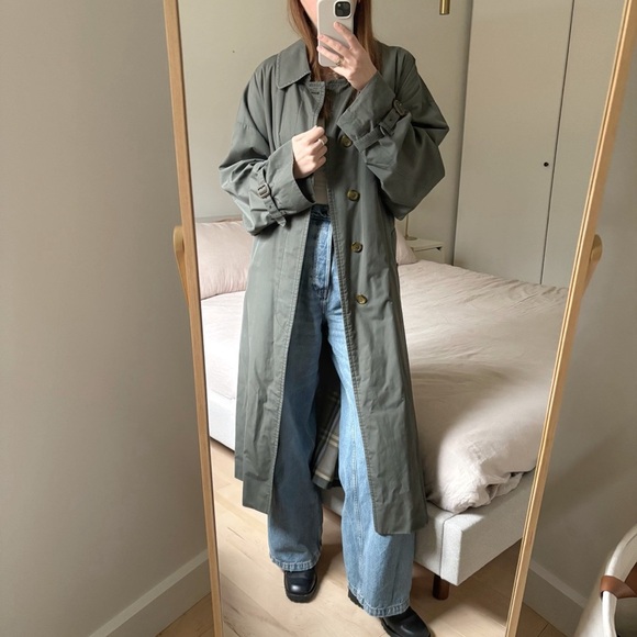 Burberry Jackets & Blazers - Burberry Vintage Long Trench Coat Belted Olive Green Sz 44 Classic Tartan Lining